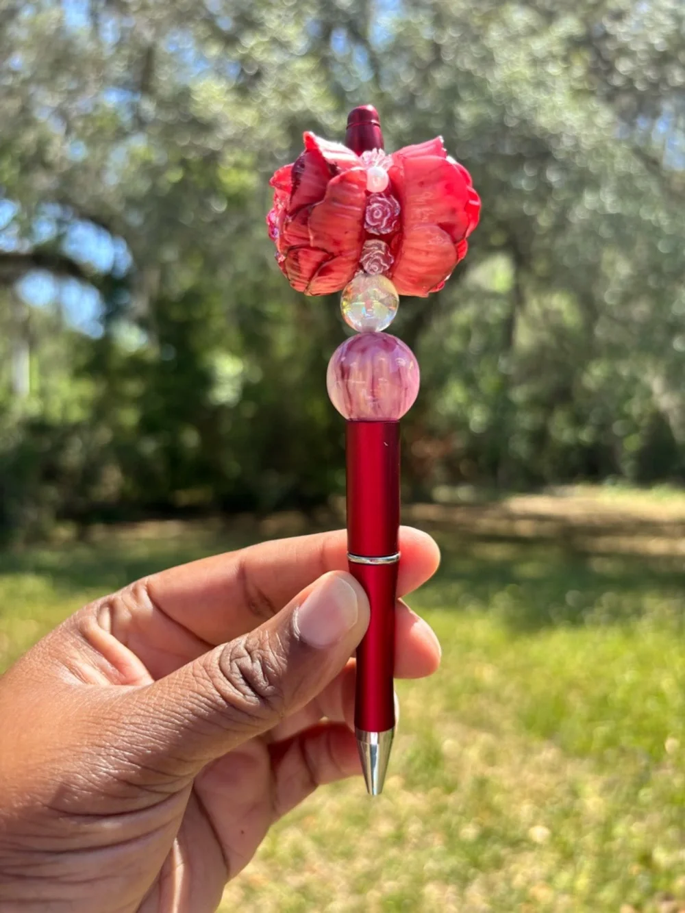Handcrafted Red Floral Heart Beaded Pen - Picture 2 of 3